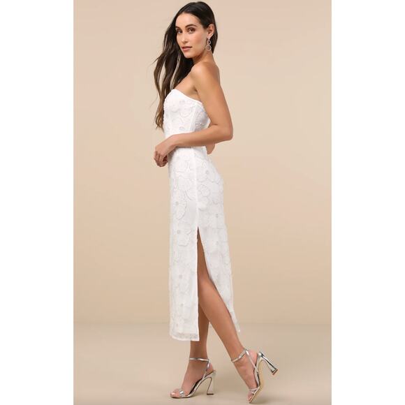Lulus Loving Mentality White Tulle Beaded Strapless Midi Dress Cocktail XL NWT - Picture 3 of 12